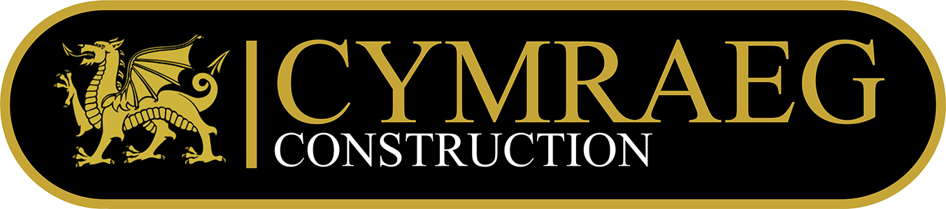 Cymraeg Construction's logo. Welsh Dragon with Black background and Gold & White writing.